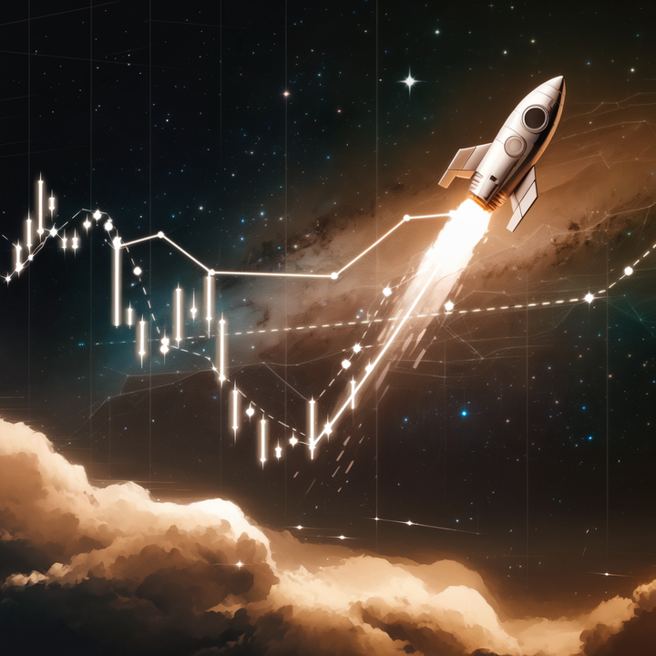 Image shows a rocket ship in space with a stock chart coming from its rocket.