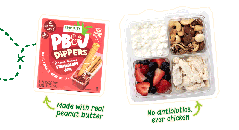 Sprouts PB&J Strawberry Dippers, Keto Protein Snacker, Sprouts Organic Hummus Singles, Sprouts Mini Chicken Tacos