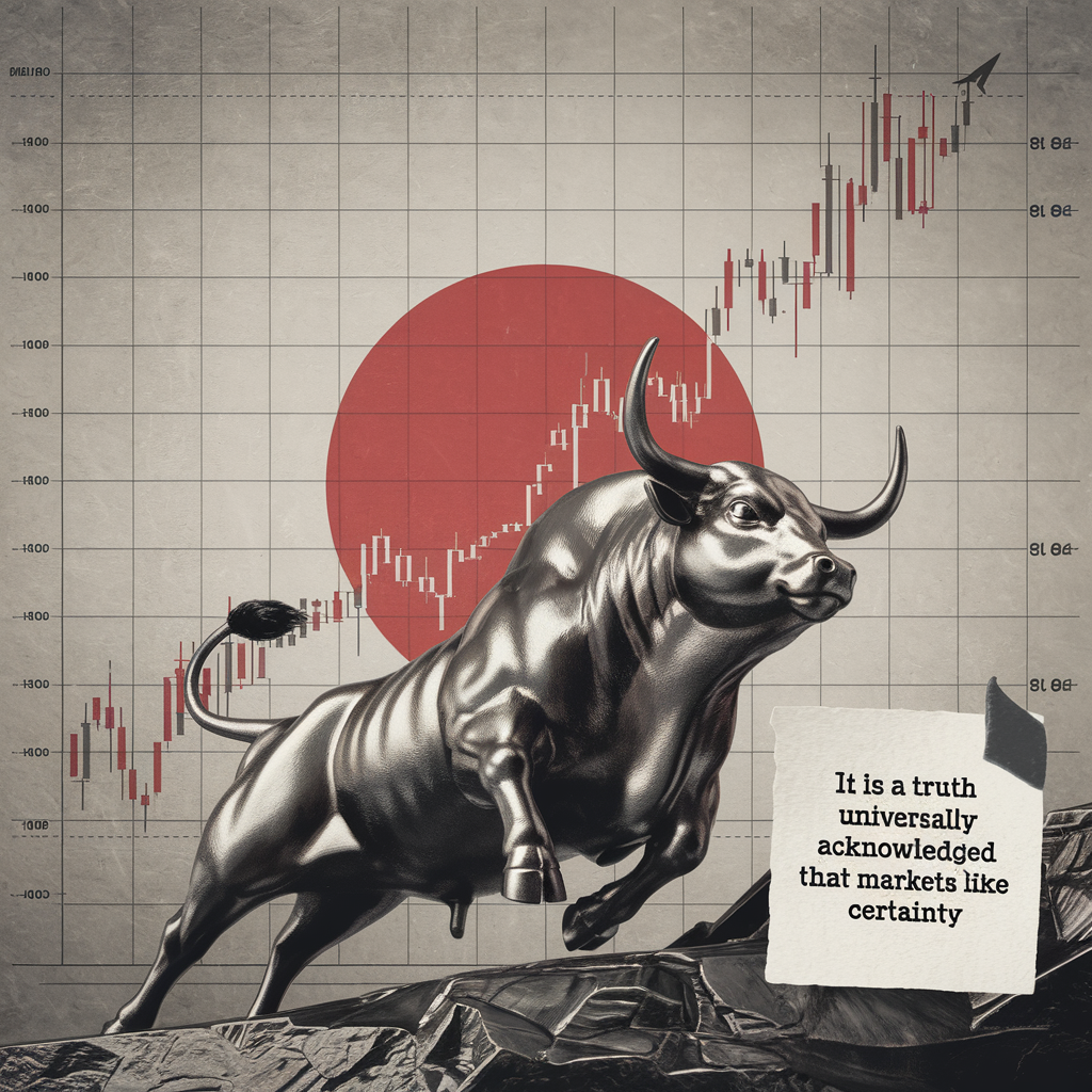 Image shows a charging bull in front of a stock chart on with a Japanese flag-like red circle behind it.