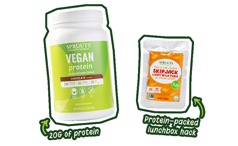 Sprouts organic whole frozen blueberries, acai, vegan protein powder, skipjack