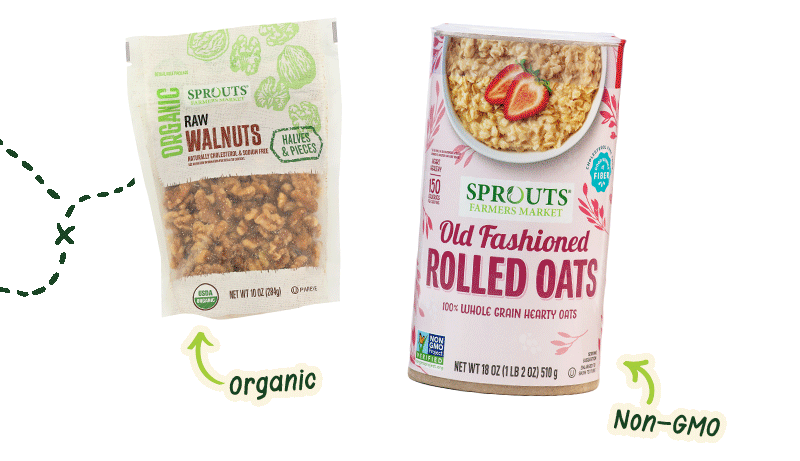 Sprouts 5% whole Greek yogurt, rolled oats, raw walnuts, pasture raised eggs