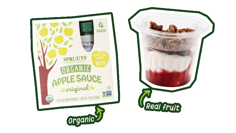 Sprouts applesauce, beef jerky, mozzarella, parfaits