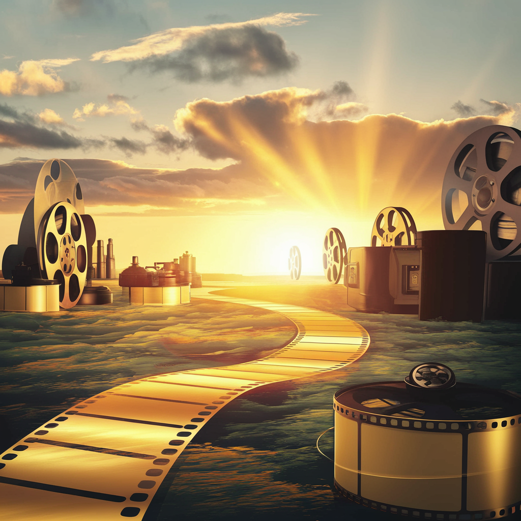 Image shows a road made of movie film heading toward a sunset.