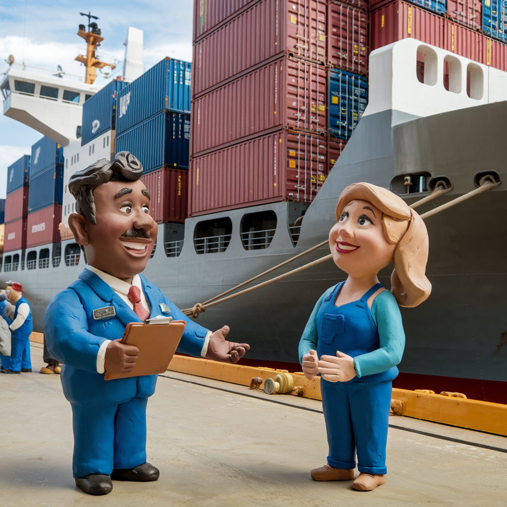 Image shows two claymation-looking people standing in front of a ship at a port.
