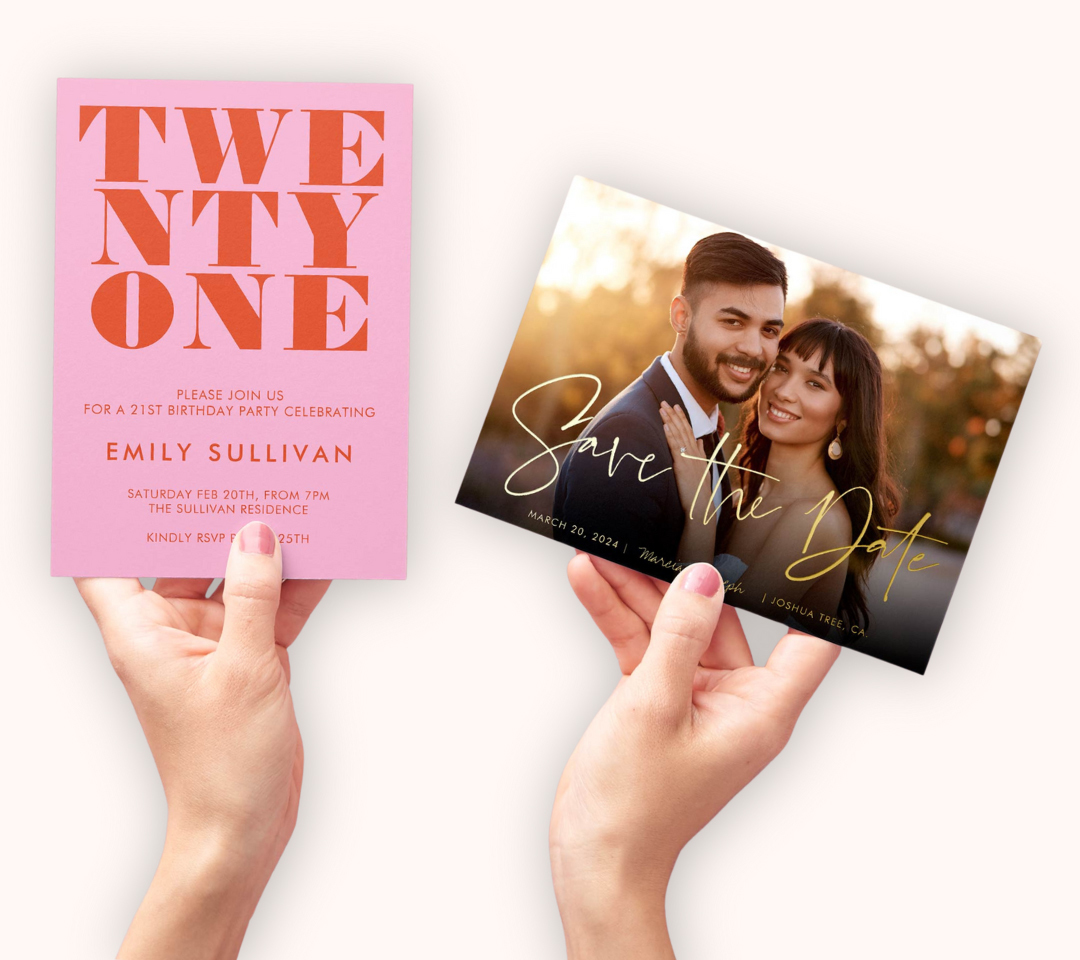 Image of a woman holding a birthday invite and a save the date