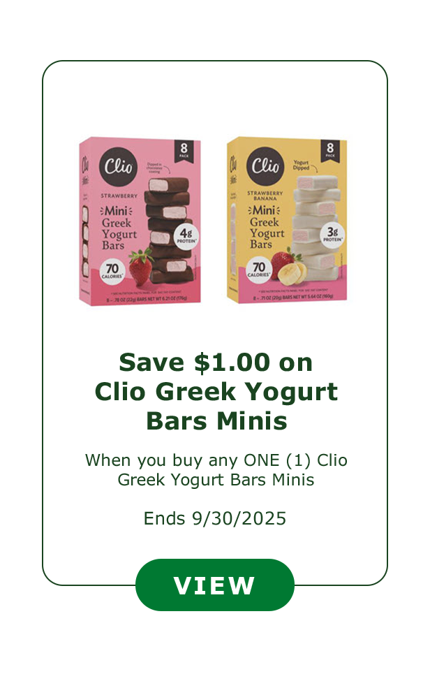 Save $1.00 on Clio Greek Yogurt Bars Minis