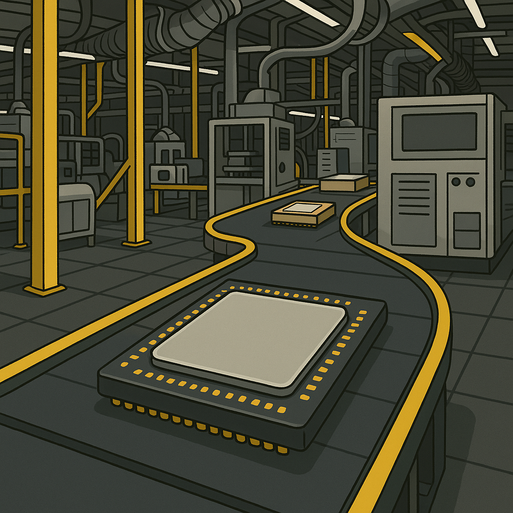Image shows cartoon drawing of semiconductors on a factory conveyor belt