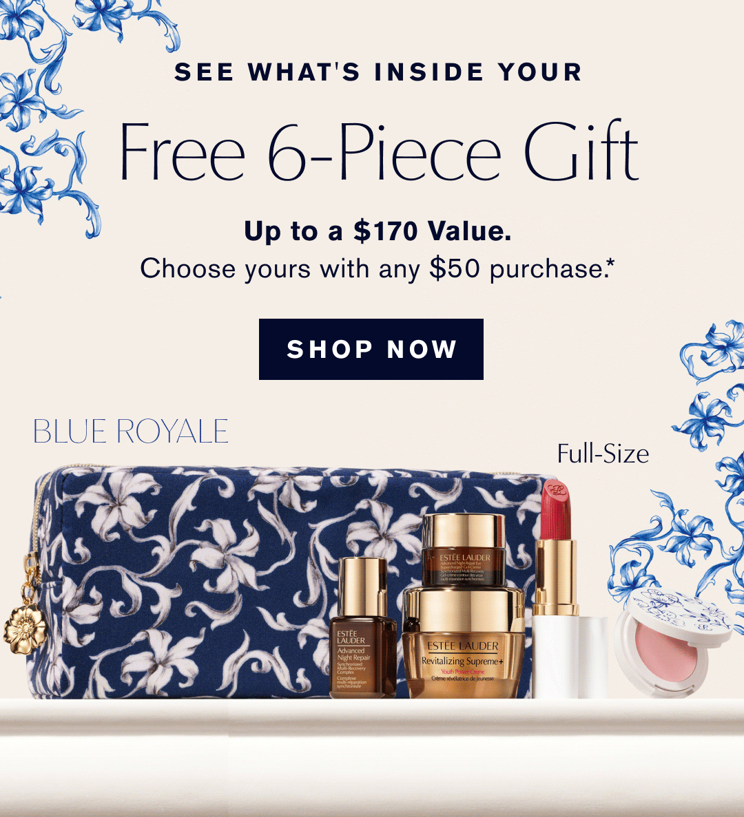 See What's Inside Your Free 6-Piece Fift | Up to a $170 value | Choose yours with any $50 Purchase* SHOP NOW