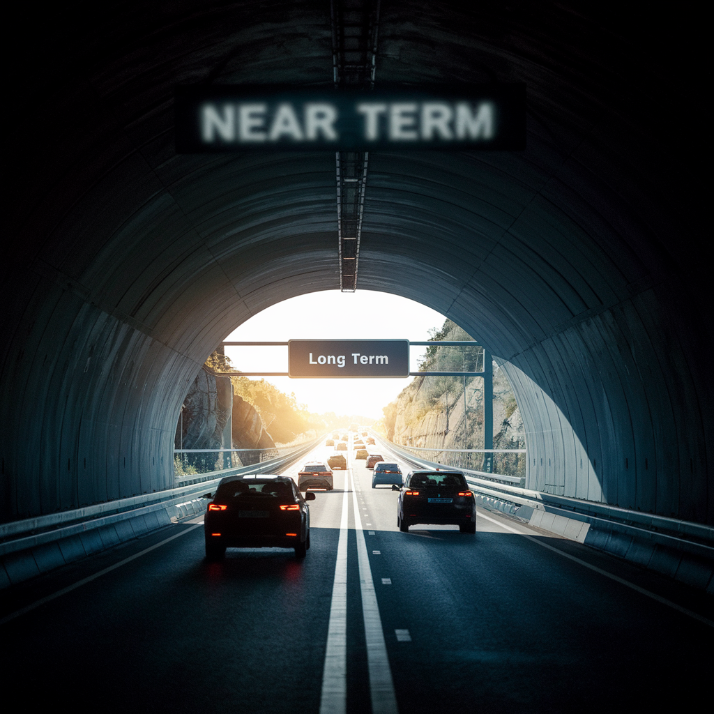 Image shows chart cars driving through a tunnel away from a sign that says near term and toward one that says long term