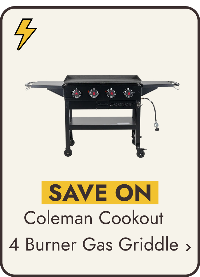 Coleman Cookout 4-Burner Propane Gas Griddle Station w/ 720-Sq. In. Total Cooking Surface, Grease Tray, 2 Side Shelves, Black