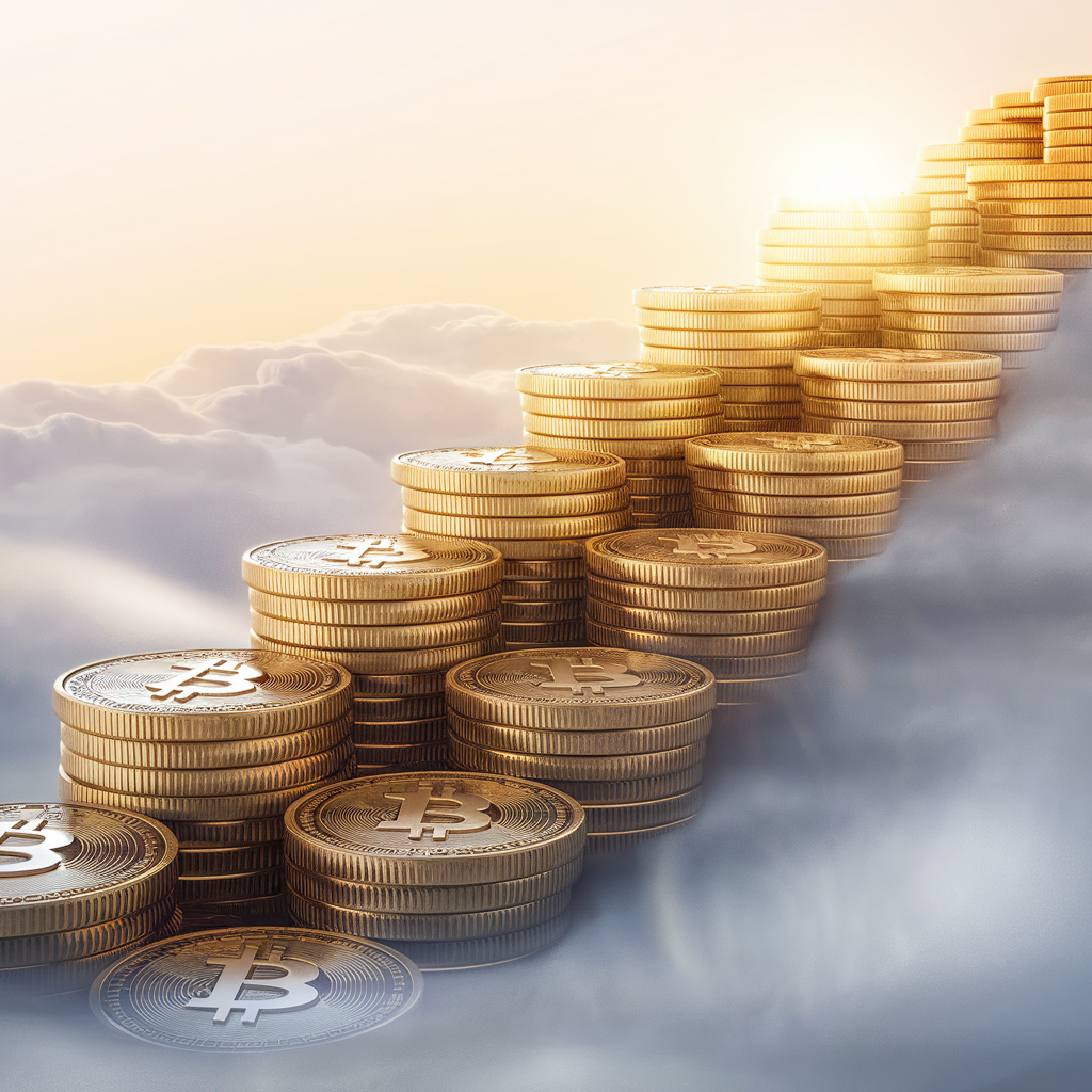 Image shows stacks of coins with the Bitcoin logo on them heading towards the sky