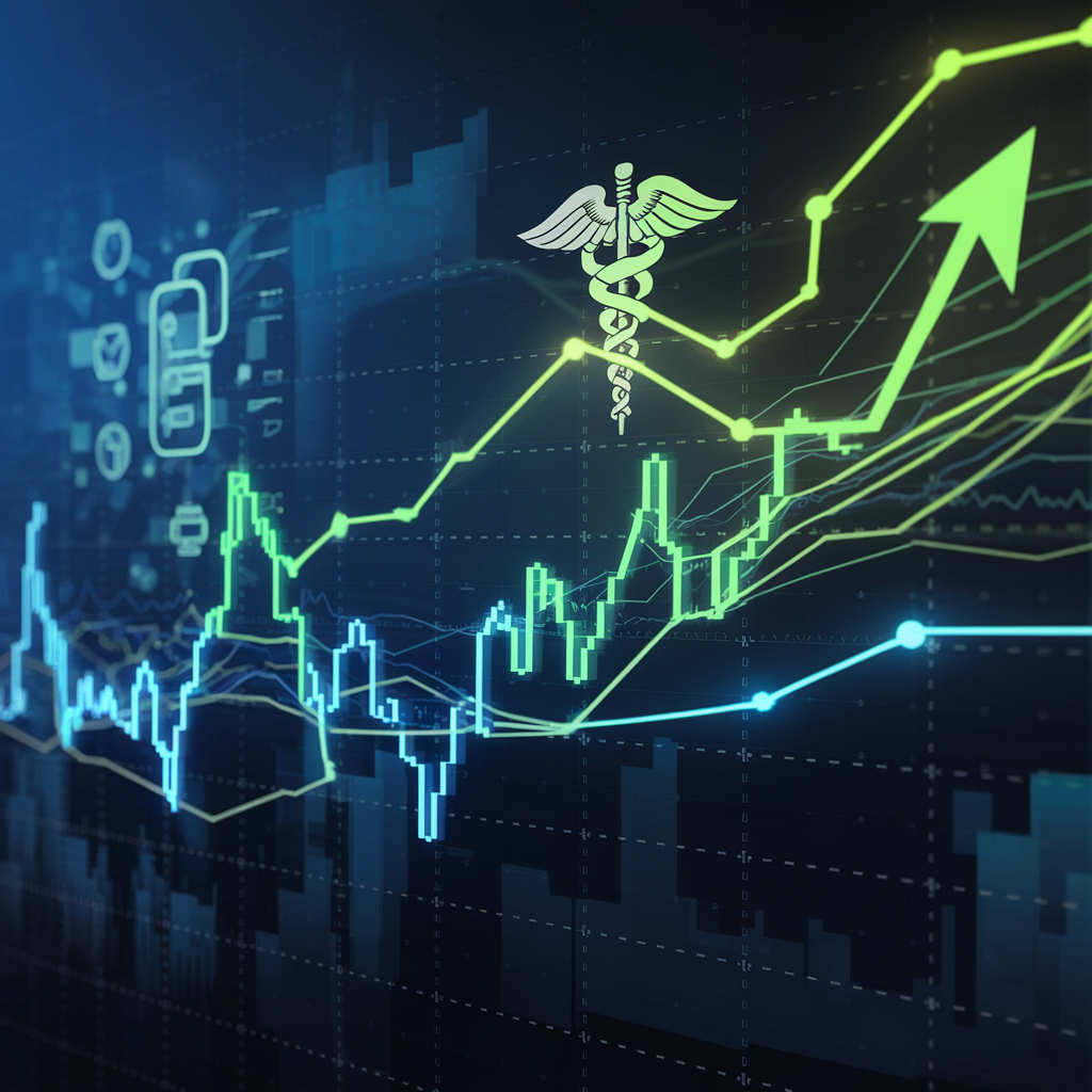 Image shows a graphic representation of a stock chart with medical symbols