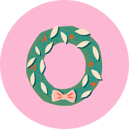 Image of a pink Christmas card with a wreath