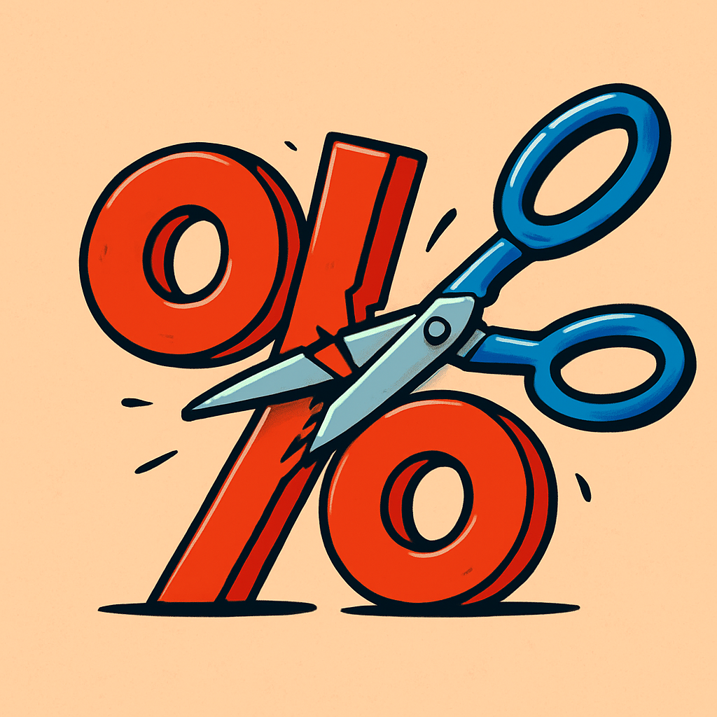 Image shows a pair of scissors cutting through a percent sign