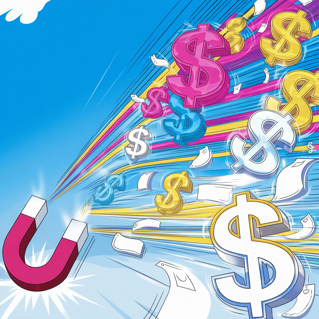 Image shows a bunch of dollar signs being pulled in by a magnet