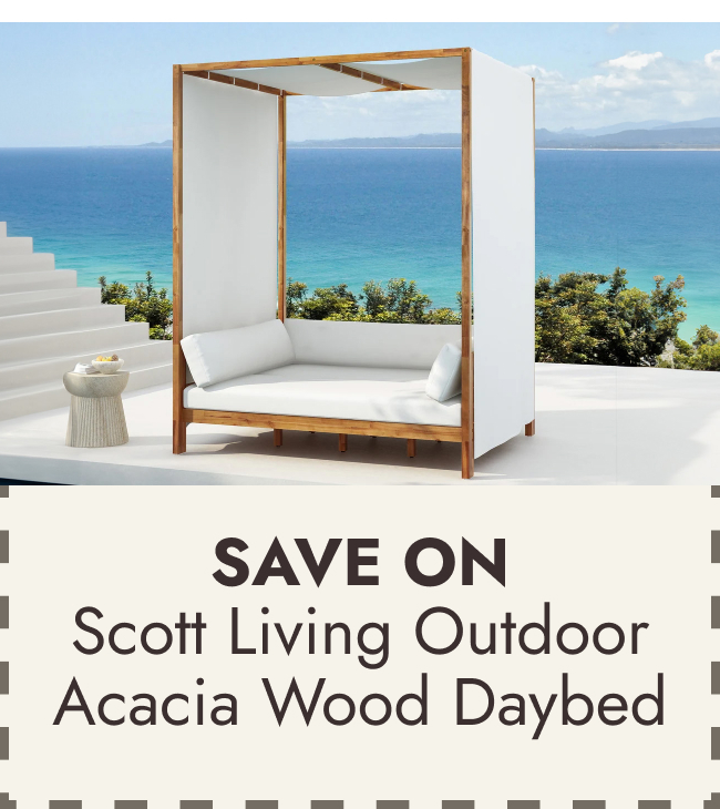 Scott Living Outdoor Acacia Wood Daybed with Canopy and Curtains, Washable Cushions and Detachable Pillows