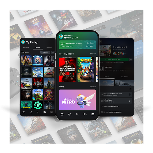A collection of mobile devices with the Xbox Game Pass app on their screens.