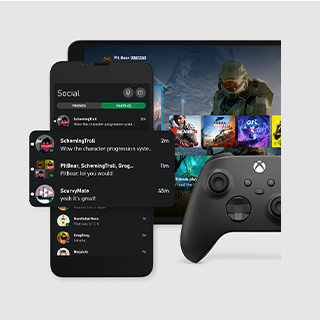 A mobile device displaying the chat interface within the Xbox app beside an Xbox Wireless Controller and television.