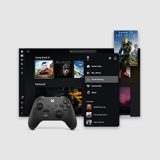 Multiple screens and Xbox Wireless Controller showcasing the Xbox app user interface.