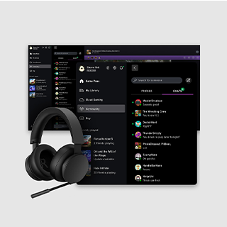 A headset and desktop display showcasing the Xbox app chat interface.