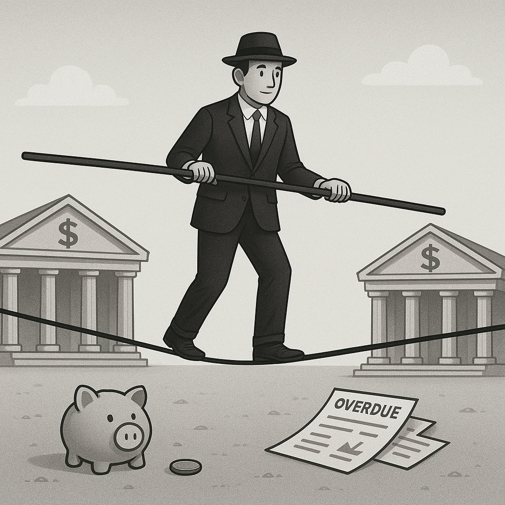 Image shows a person balancing on a tight rope with a piggy bank and overdue notices below.