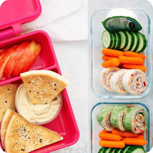 School lunch ideas like pinwheel sandwiches and hummus with pita