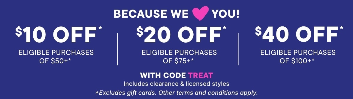 Buy more, save more with code TREAT $40 Off $100+, $20 off $75+, $10 Off $50+ PLUS, EXTRA 10% OFF FOR CARDMEMBERS* with purchase on your My Place Rewards Credit Card