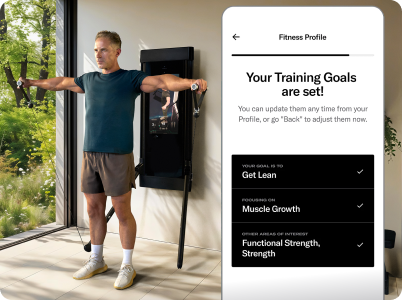 Man working out on Tonal 2 and smartphone app showing his training goals.