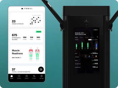 Close-up of Tonal 2 and Tonal app showing real-time tracking