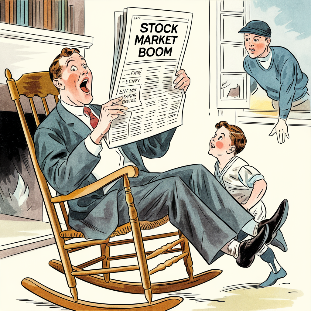Image shows cartoon drawing of a father in a rocking chair reading a newspaper with the headline of Stock Market Boom