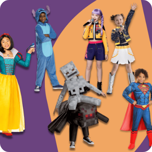 A collage of trendy kids' Halloween costumes, like Huntrix and Superman