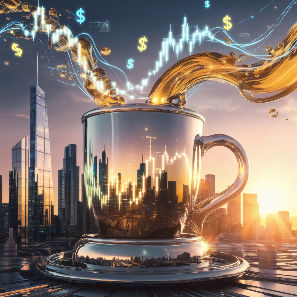 Image shows a large metallic coffee cup in front of a futuristic city