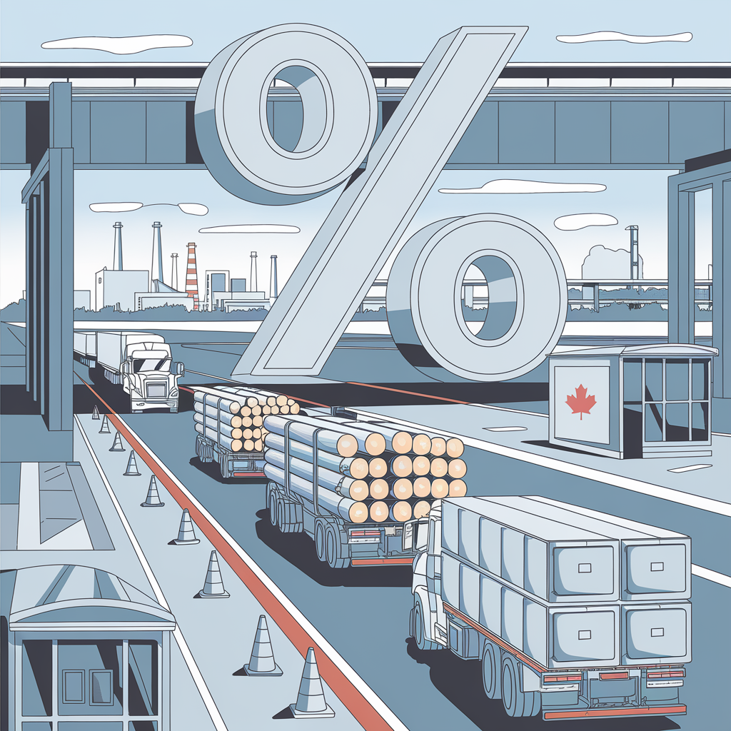 Image shows a cartoon drawing of trucks at a port with a large percent sign next to them