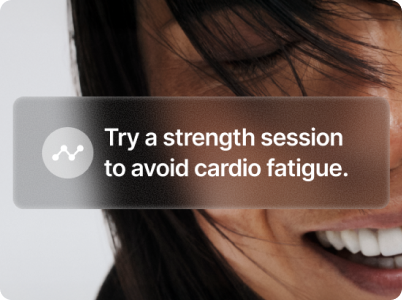 Close up of womans face with voice overlay bubble saying - Try a strength session to avoid cardio fatigue.