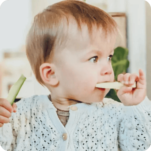 A toddler holding two sticks of cucumber