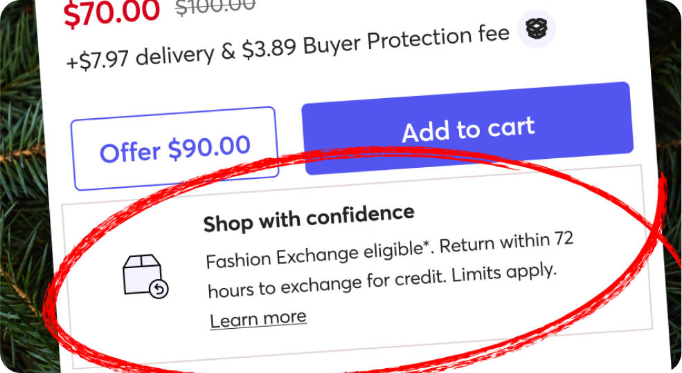 Item listing page screenshot showing Fashion Exchange label