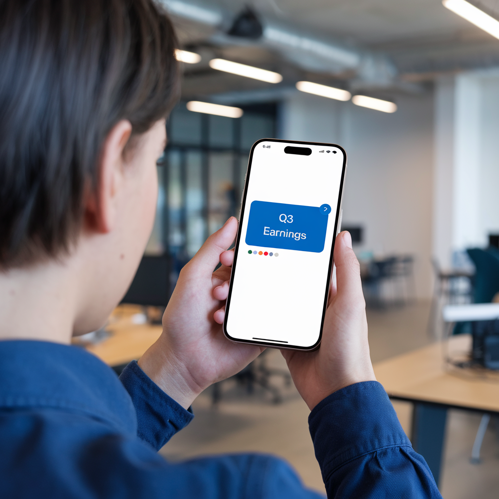 Image shows person holding an iPhone that says Q3 earnings on it