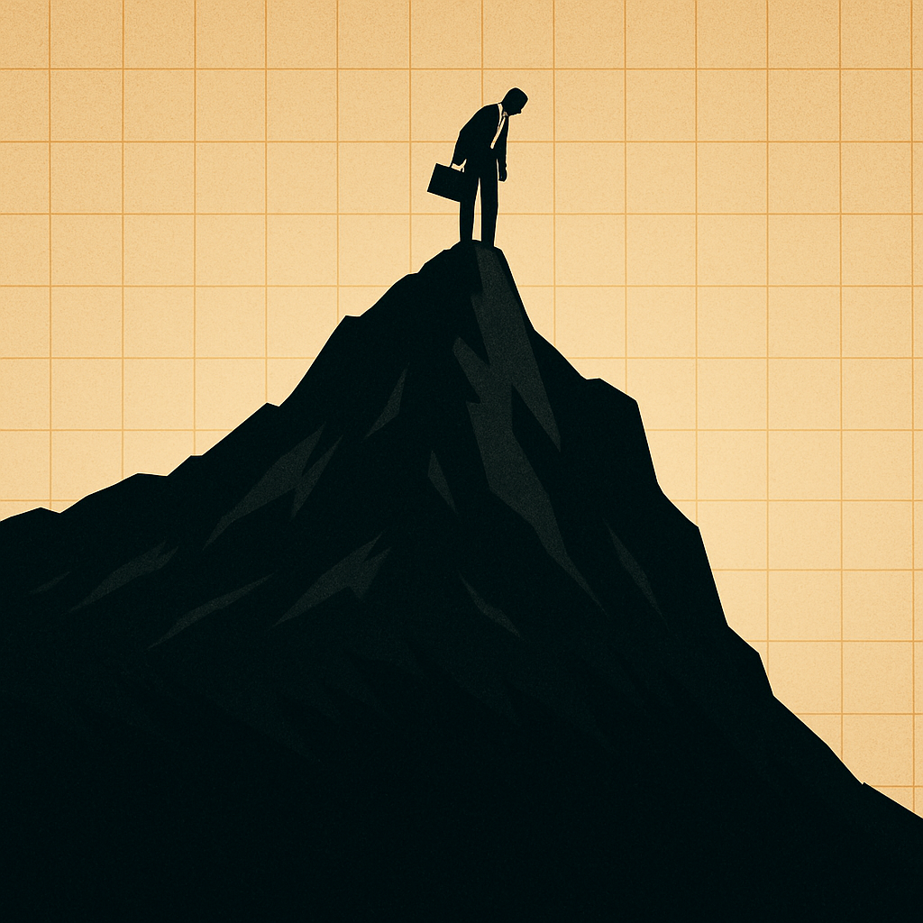 Image shows drawing of a person looking down from the top of a mountain that looks like a stock chart 