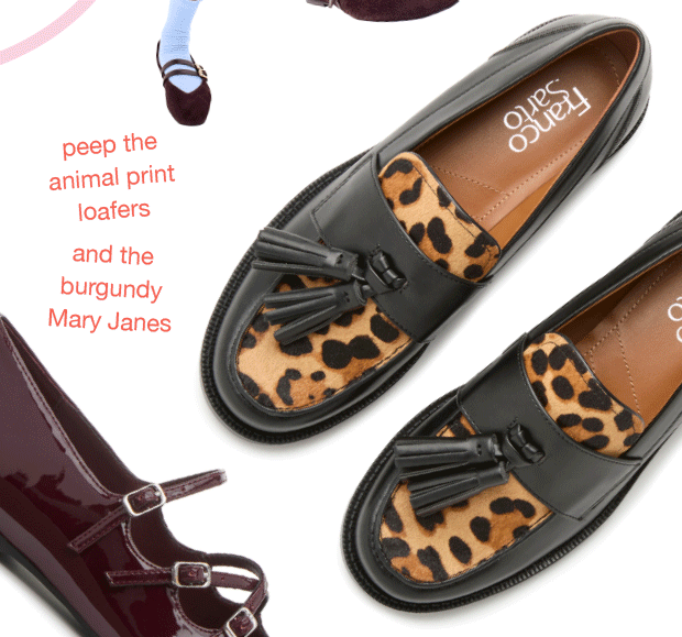 peep the animal print loafers and burgundy Mary Janes