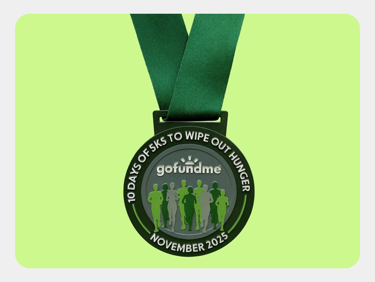 Race medal with 10 Days of 5Ks to wipe out hunger text