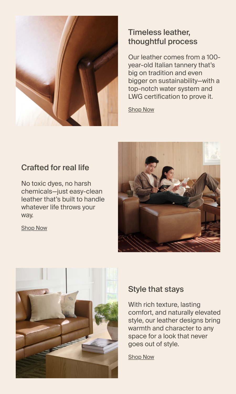 Timeless leather, thoughtful process. Crafted for real life. Style that stays.