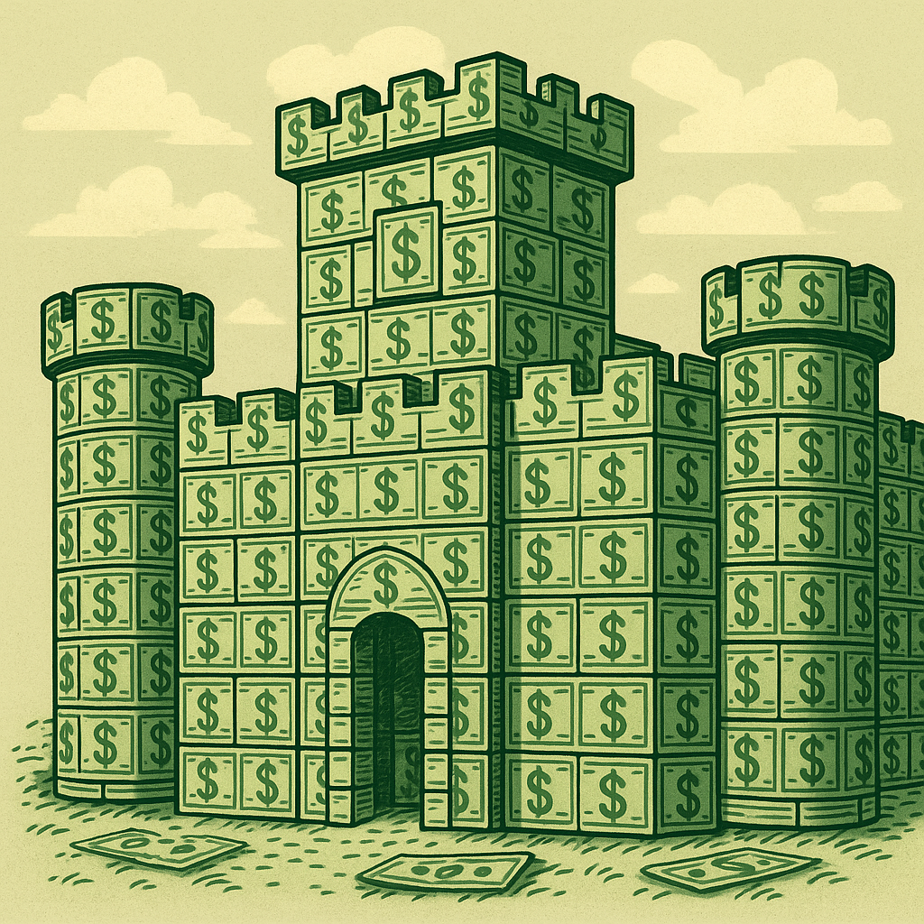 Image shows a castle made out of money