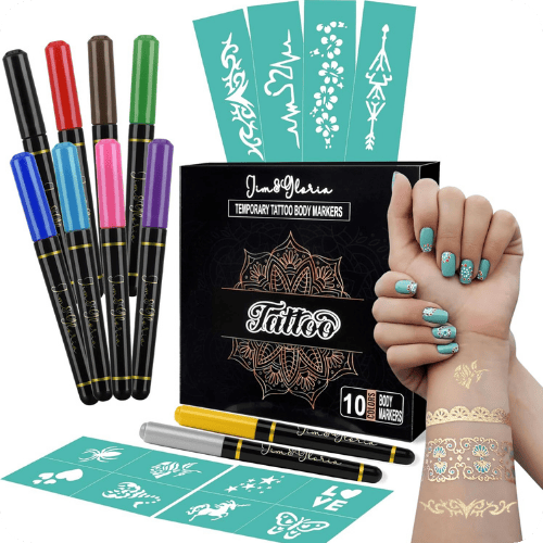 A temporary tattoo set with markers and stencils