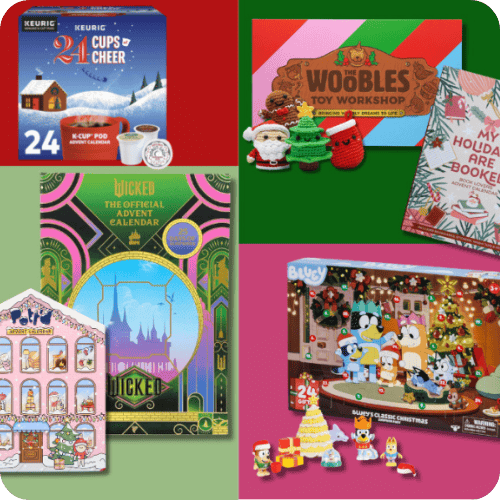 a collage of 2025 advent calendars for wicked, bluey, woobles and more