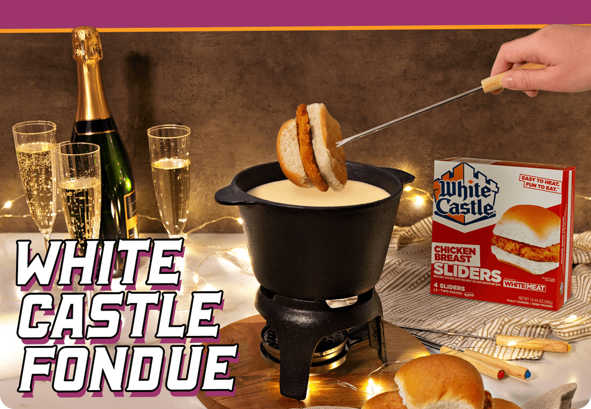 White Castle Slider Fondue with Champagne and Celebration Setup