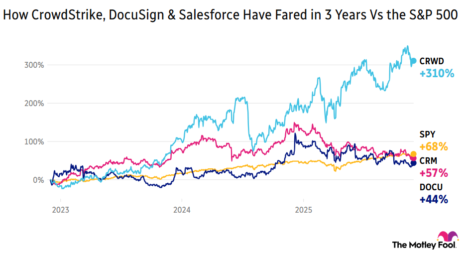 Image shows chart of 3 year returns of CrowdStrike, DocuSign, Salesforce and the S&P 500