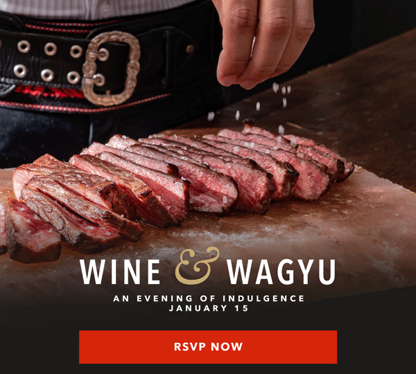 Wagyu sliced on a salt block against a caption 'Wine & Wagyu. An evening of indulgence'