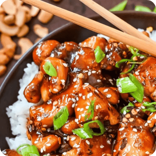cashew chicken on rice, one of our favorite 30-minute meals