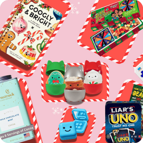 a collage of stocking stuffer ideas, like squishmallows, a sticker book, liar's uno, and pimple patches