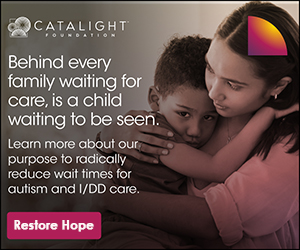 A photo of a woman embracing a young child. The image includes text from the Catalight Foundation about reducing wait times for autism and I/DD care, with a 'Support Autism' button.